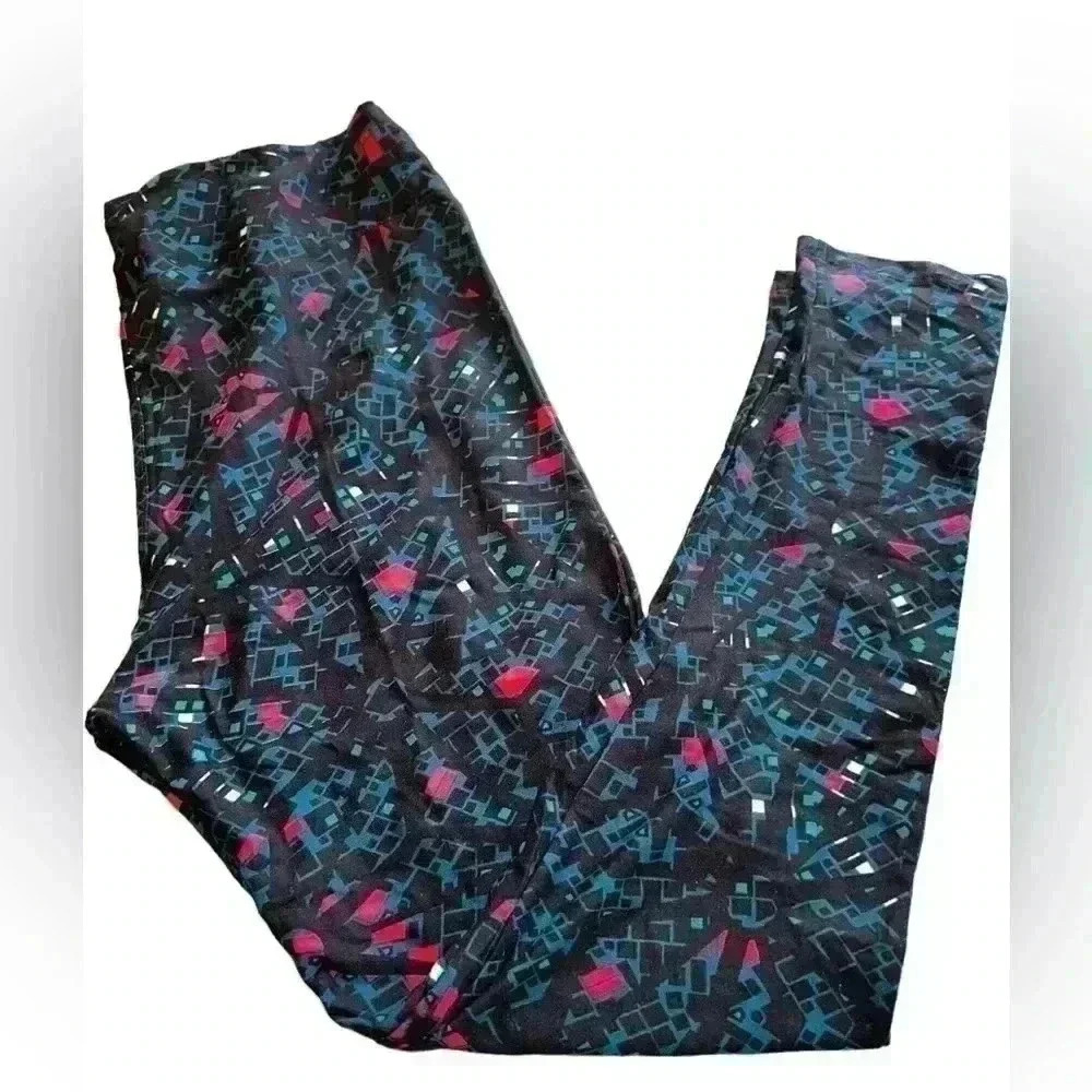Lularoe TC black , teal & hot pink geometric pattern leggings. NWOT.